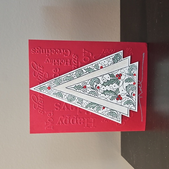 Handmade Christmas Card Handpainted Shimmery Holly Tree - Picture 1 of 3